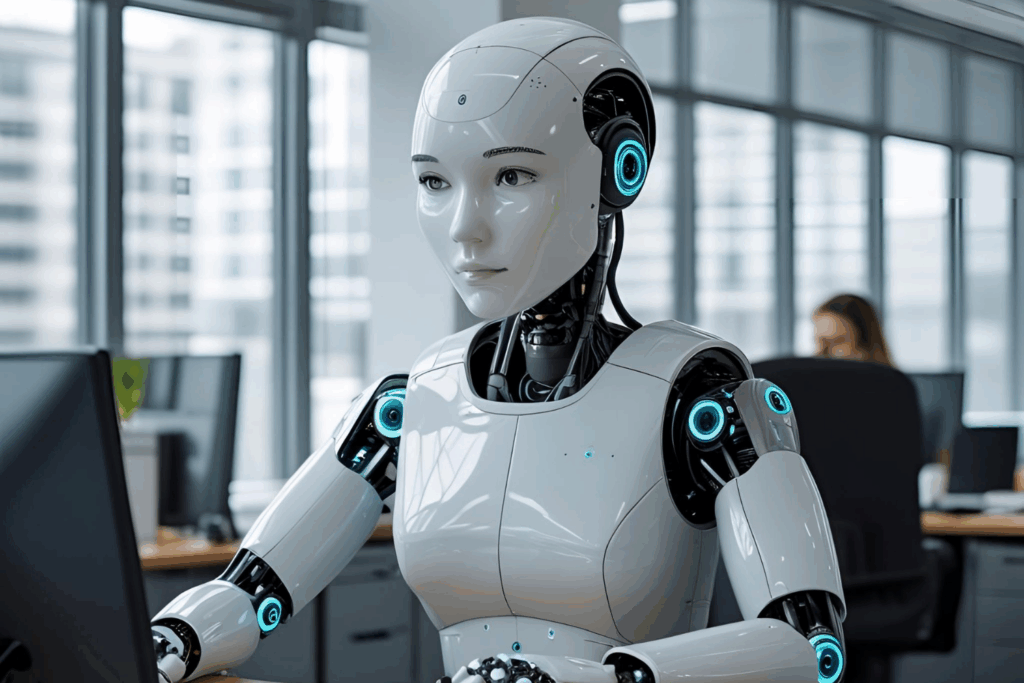 Humanoid robot számítógépen dolgozik irodai környezetben – mesterséges intelligencia a munkahelyeken