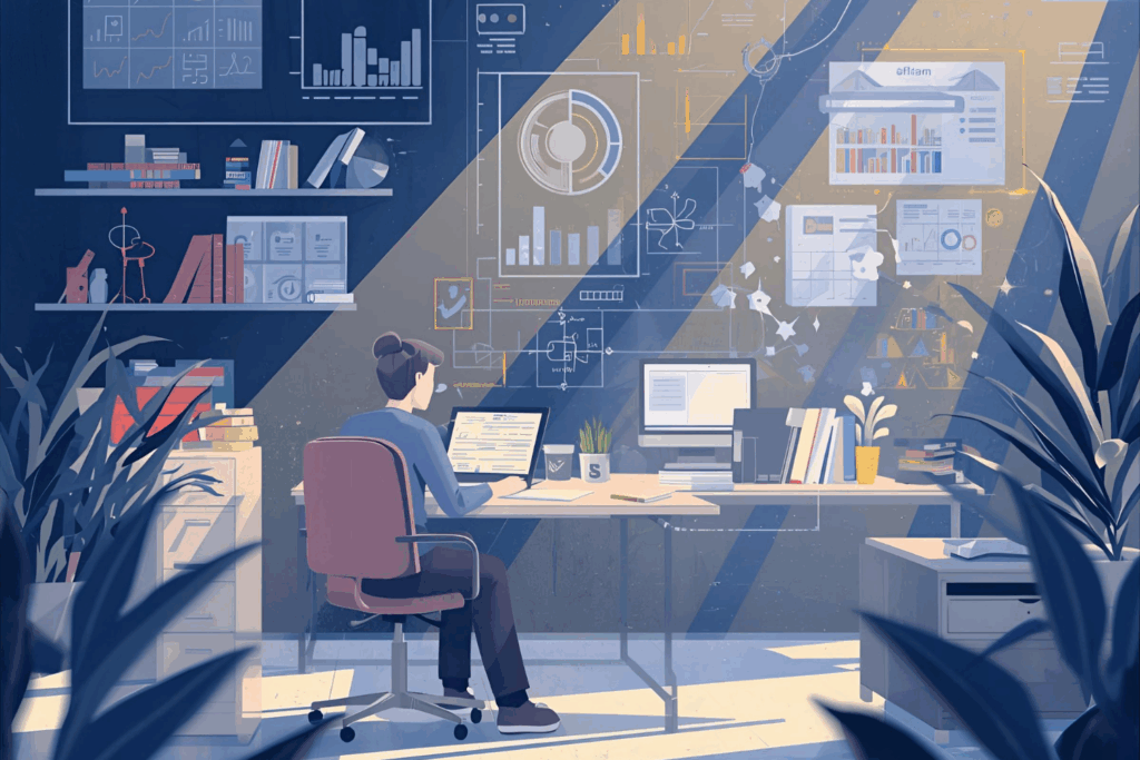 Irodában dolgozó ember számítógép előtt, körülötte grafikonok és adatelemzések – az AI költségként és befektetésként való megjelenítésének szimbolikus ábrázolása.