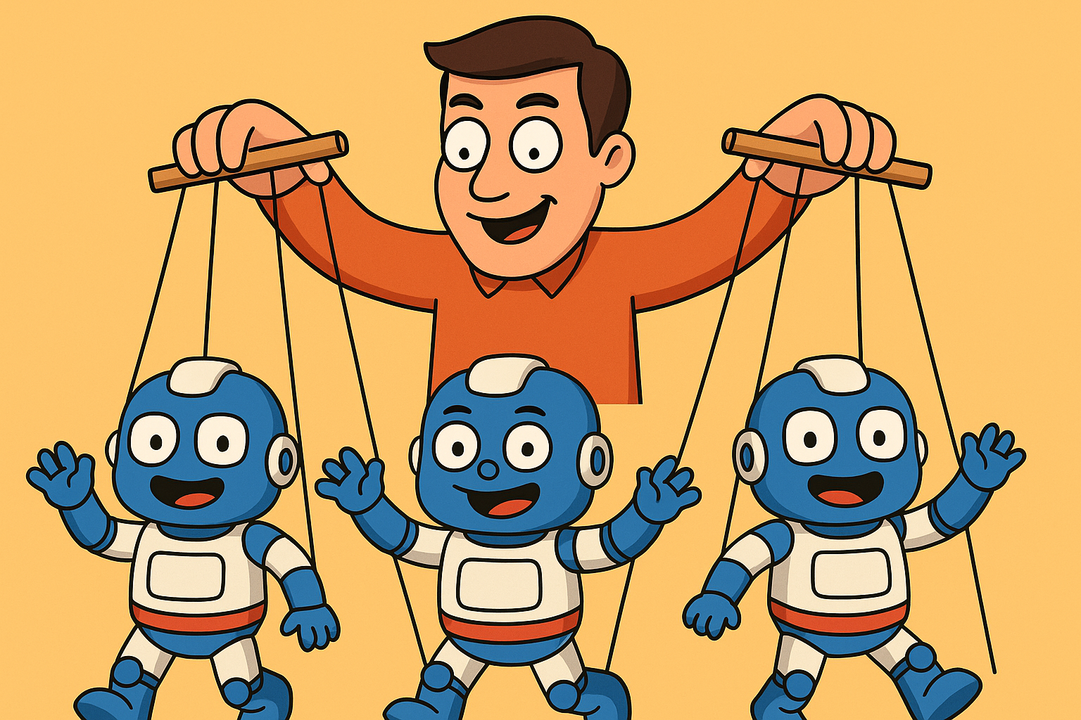 Mosolygó főnök bábként irányít három kék robotot – az AI használatát elváró és élvező dolgozó vagy vállalkozó szimbolikus ábrázolása.